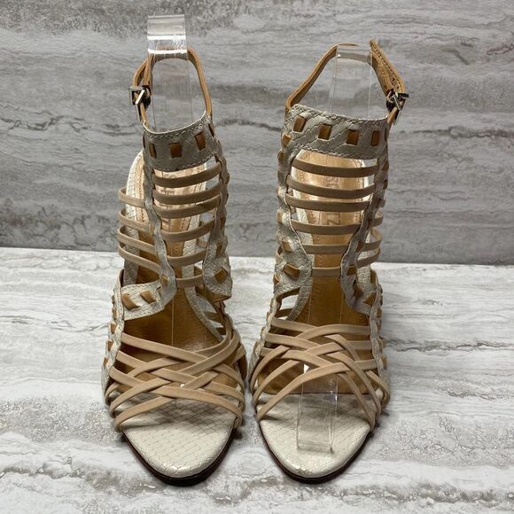 SCHUTZ Snake Print Caged High Heels Leather Sole White Tan Open Toe Ankle Strap - Picture 2 of 16